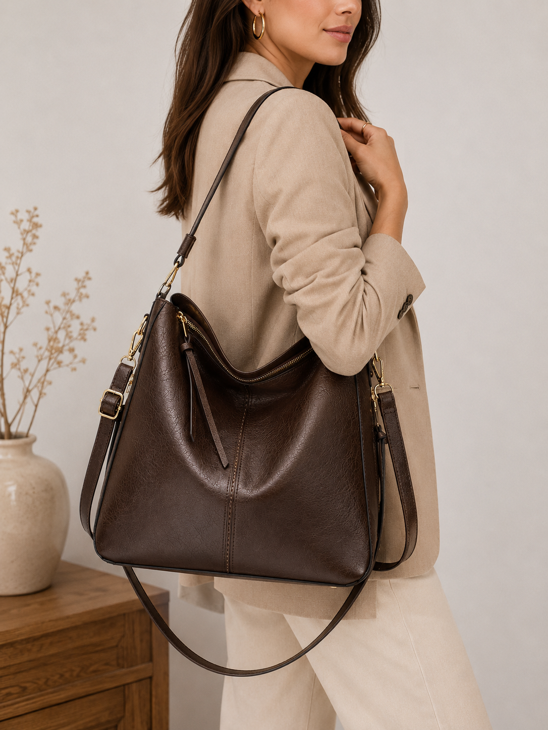 Bolso de Mano de Lujo en Piel Vegana Hobo Antirrobo