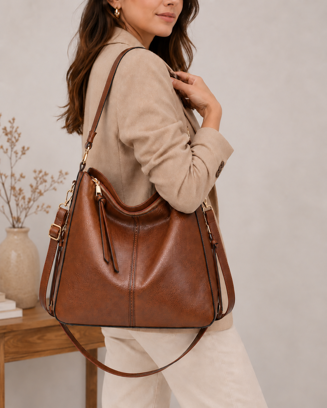 Bolso de Mano de Lujo en Piel Vegana Hobo Antirrobo
